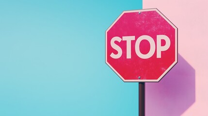 Obraz premium A stop sign set against a pastel background. The stop sign should be bold and detailed, standing out clearly. Leave empty space on the right side of the image for additional content or text placement.
