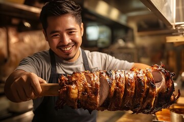 Filipino Chef Proudly Displaying Whole Roasted Lechon in Cozy Kitchen