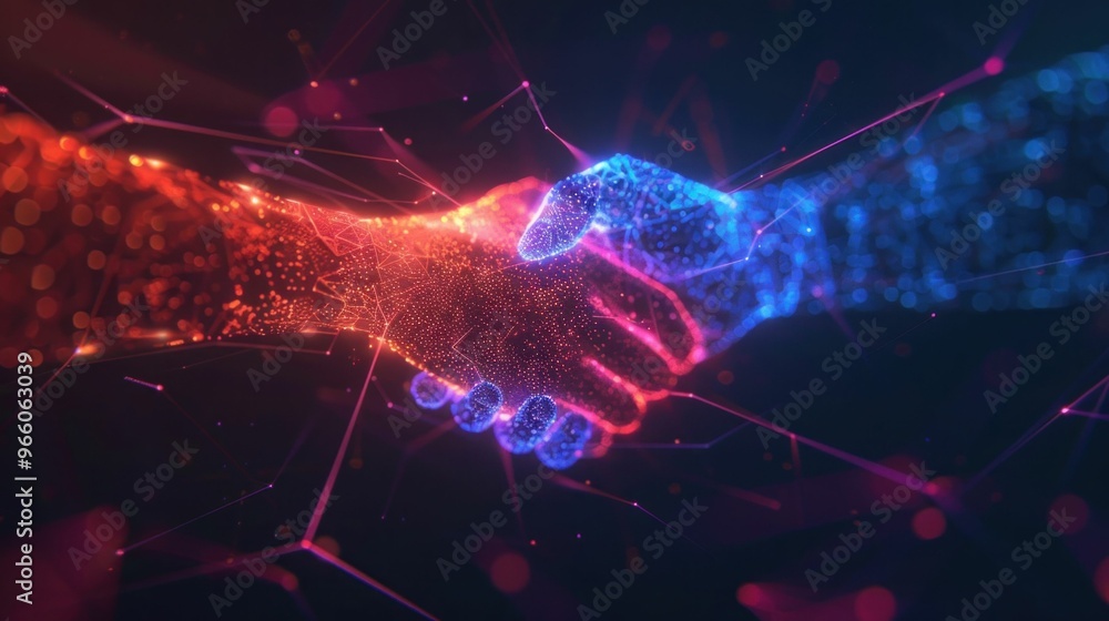Poster digital handshake representing partnership and collaboration in a futuristic setting with abstract g