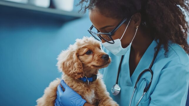 Veterinarian of African descent in clinic, blue wall, stethoscope
