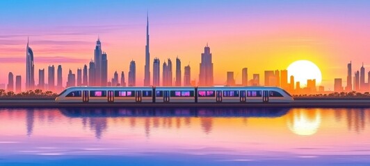 Tranquil sunset over Dubai skyline with a modern train gliding along the water