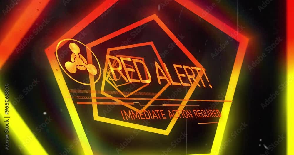 Poster animation of red alert text and data processing over neon tunnel