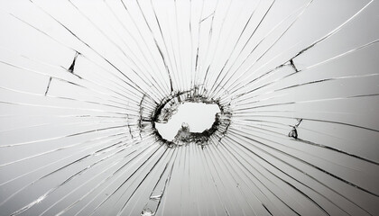 Obraz premium Cracked glass with hole on white background.
