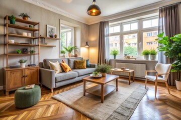 Cozy And Compact Studio Living Room With Stylish Furnishings, Ample Natural Light, And A Warm, Inviting Atmosphere