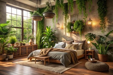 Cozy Bedroom Scene Featuring Earthy Tones, Natural Materials, And Lush Greenery To Evoke Tranquility And A Connection With Nature.