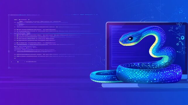 In this image, there is a computer screen displaying Python code on which is a digital snake, symbolizing Python programming to be used in data engineering.