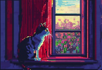 pixel art a pixel art image of a cat by the window created using