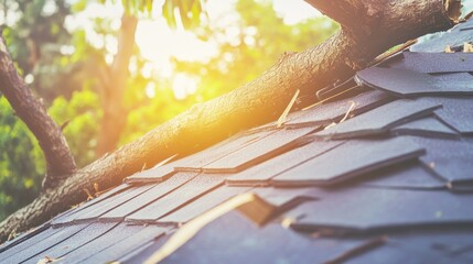 Damaged roof caused by a fallen tree after a storm, highlighting the need for roof repairs immediately.