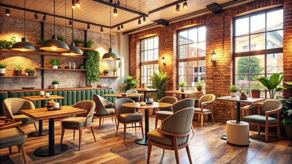 Fototapeta premium Cozy Cafe Interior With Tables, Chairs, And A Warm And Inviting Ambiance, Perfect For A Relaxing Coffee Break Or Casual Meeting.