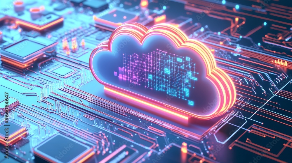 Poster data points and network connections make up digital clouds that represent cloud migration.