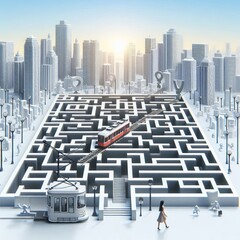  QR code forming maze woman and tram navigating through Izobraje