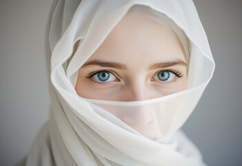 Woman in White Veil with Blue Eyes