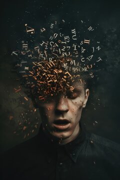 portrait of a human with numbers and letters exploding out of the head