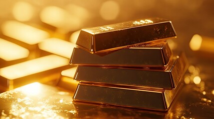 A luxurious stack of gold bars on a golden surface, rendered in detailed 3D to symbolize abundance, power, and the ultimate icon of wealth