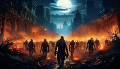 Zombie Horde Walking at Night in Post-Apocalyptic City, Halloween Concept, Horror Illustration with Dark and Eerie Mood and Glowing Embers