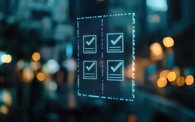 Futuristic digital interface displaying checklist with checkmarks, symbolizing technology, organization, and productivity in a modern cityscape.