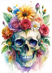 A Stunning Watercolor Illustration of a Skull Surrounded by Vibrant Flowers for Artistic Uses and Decor