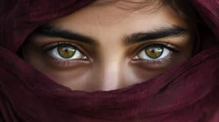 Fototapeta premium Closeup of the olive green eyes of a girl with her face wrapped in a maroon scarf generative ai
