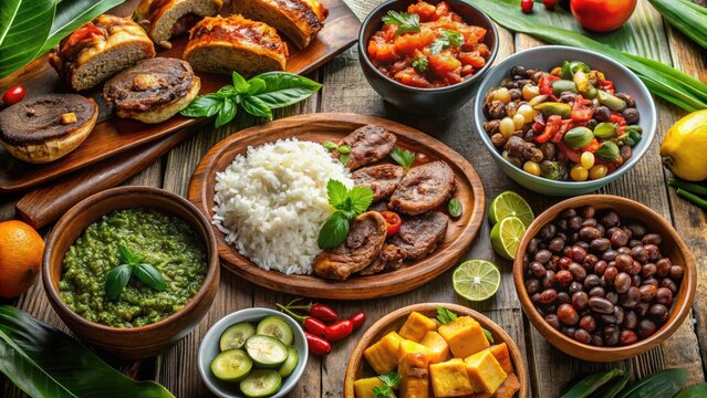 Delectable Spread Of Traditional Cuban Cuisine Featuring Succulent Pork, Fragrant Rice, Colorful Beans, And Tropical Fruit