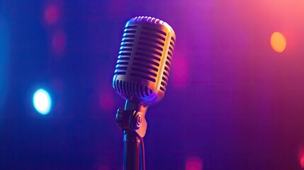 A microphone on a sleek stand, backlit by soft, colored lights, ready for a concert or karaoke session, creating a professional stage atmosphere