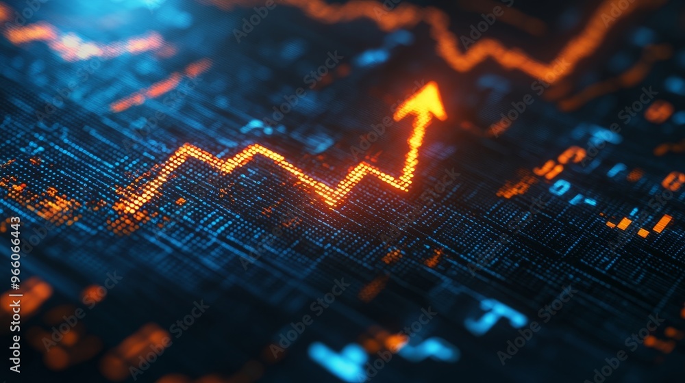 Poster a digital representation of a rising graph with glowing orange lines against a dark, tech-inspired b