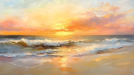 Obraz premium A tranquil painting of a coastal sunset, where warm hues of orange, pink, and gold blend seamlessly across the sky and reflect off the gentle waves of the sea.