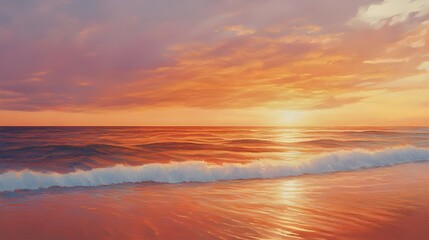 A tranquil painting of a coastal sunset, where warm hues of orange, pink, and gold blend seamlessly across the sky and reflect off the gentle waves of the sea.
