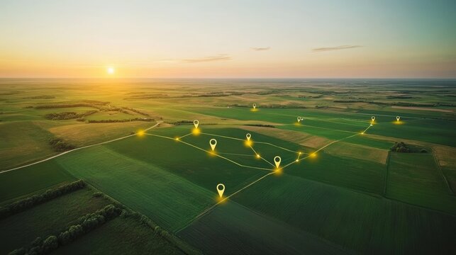 An aerial view of the land with network markers marking the location of land development planning and connectivity.