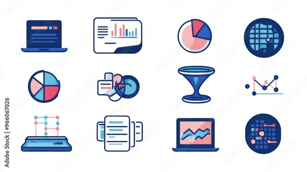 Poster web design duo-tone icons for data analysis, featuring search