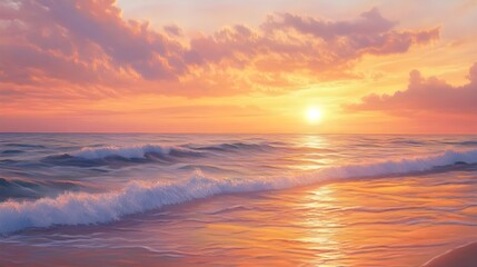 A tranquil painting of a coastal sunset, where warm hues of orange, pink, and gold blend seamlessly across the sky and reflect off the gentle waves of the sea.