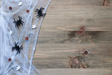 Halloween background with spider web, spiders and ghosts as symbols of Halloween on the wooden background. Halloween border with free space for text