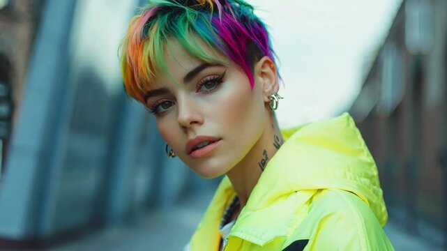A stylish young woman showcases colorful short hair while wearing a neon jacket in a city environment at dusk, modern street fashion