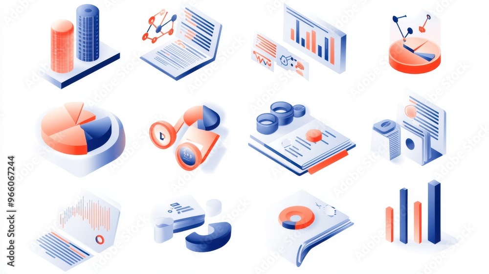 Poster web design icon set in duo-tone for data analysis: search,