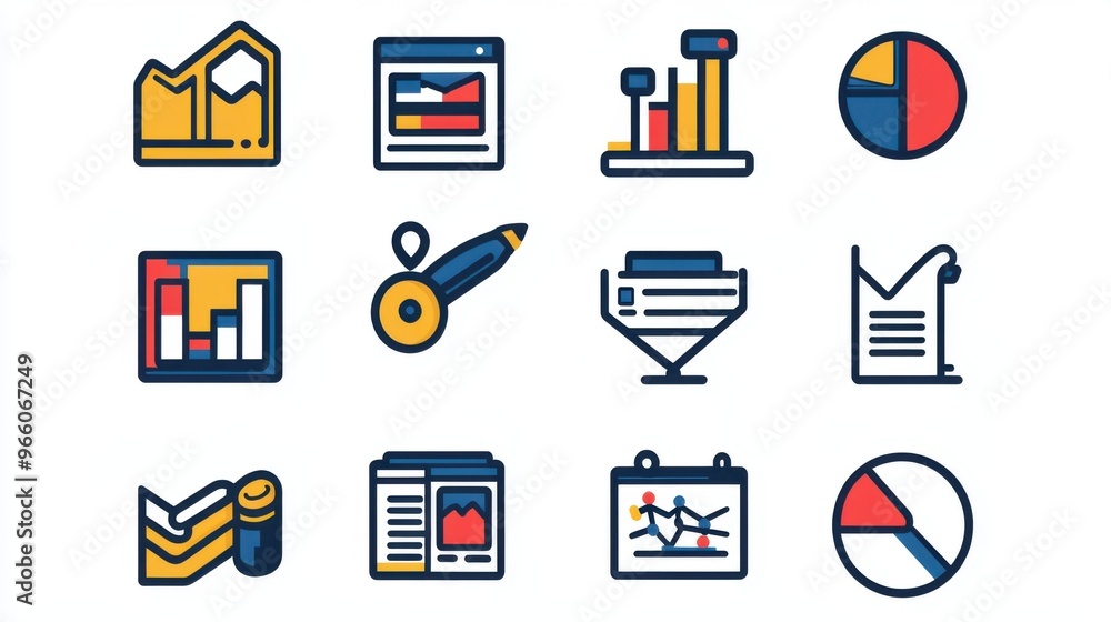 Poster web design icon set in duo-tone for data analysis: search,