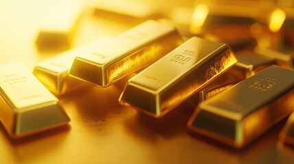 A pile of gold bars arranged on a gold background, in a 3D rendering that highlights the gleaming surfaces, symbolizing financial power and wealth