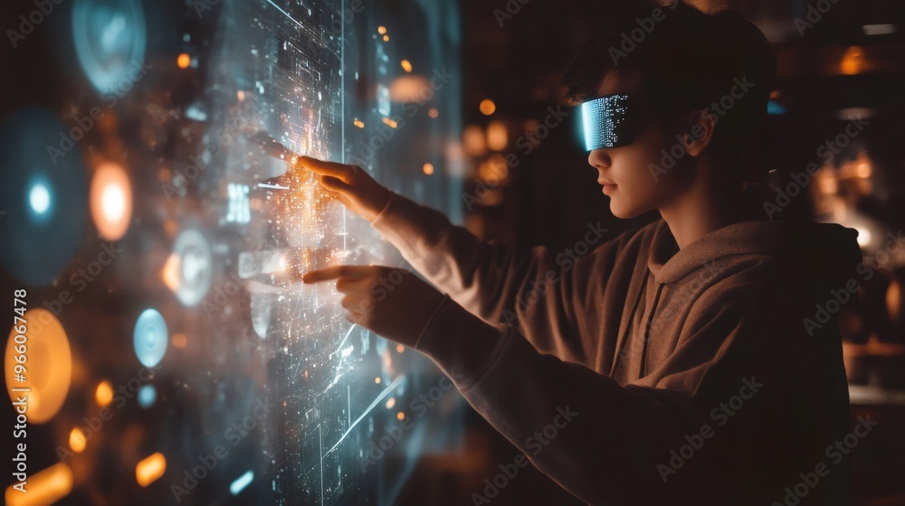 Poster a person wearing futuristic goggles interacts with a transparent digital screen displaying data and 