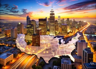 Detailed urban sprawl of a major American city, skyscrapers and busy streets illuminated at dusk, set against a backdrop of a stylized United States map.