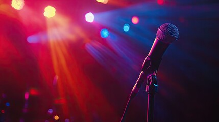 Obraz premium A professional microphone on a stand with colorful stage lights reflecting off it, set against a dark concert background, evoking live music and audio production