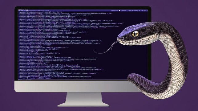 In this image, a computer screen displays Python code and a snake symbolizing Python programming.