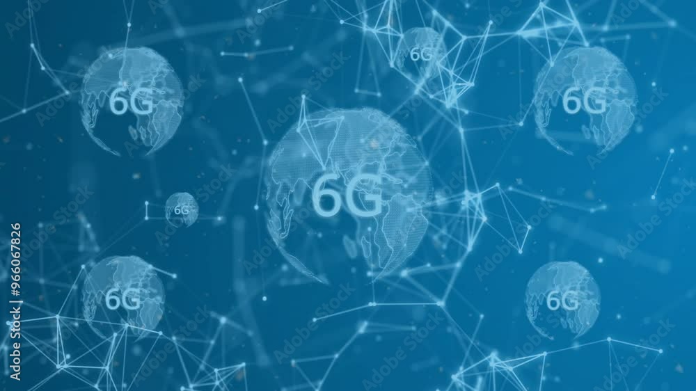Poster animation of 6g text, network of connections and data processing over globes on blue background
