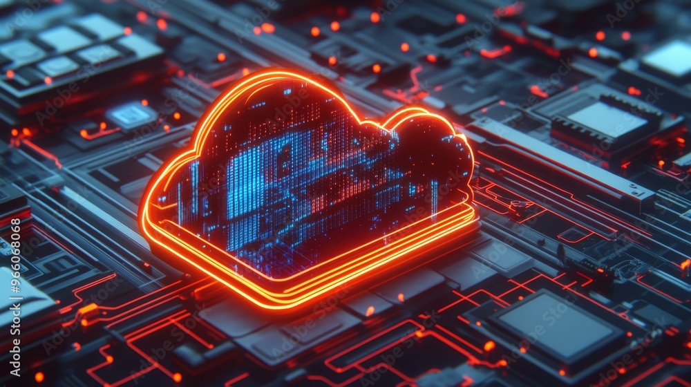 Poster the cloud migration is represented by a digital cloud with data points and network connections.