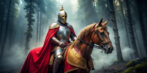 A majestic medieval knight in shining armor sits astride a powerful warhorse, adorned with a red cape and