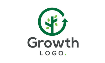 A minimalist icon logo representing growth, featuring a tree with an upward arrow symbolising progress and development