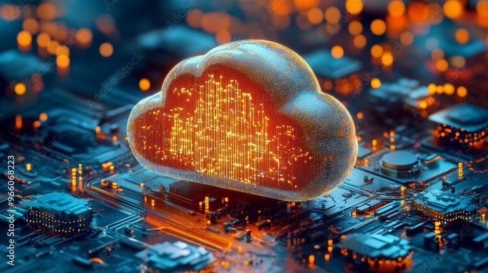 Poster digital circuit board with cloud icon representing cloud storage and data connectivity using apis.