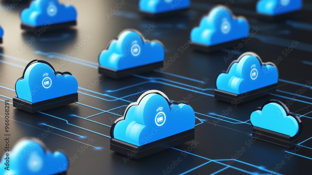 Poster virtual servers in the cloud represented with interconnected data points.