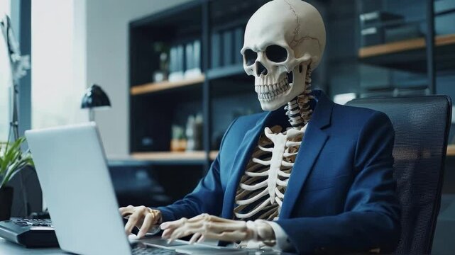 A skeleton dressed in formal business attire types away on a laptop at a sleek desk in an office during daylight hours.