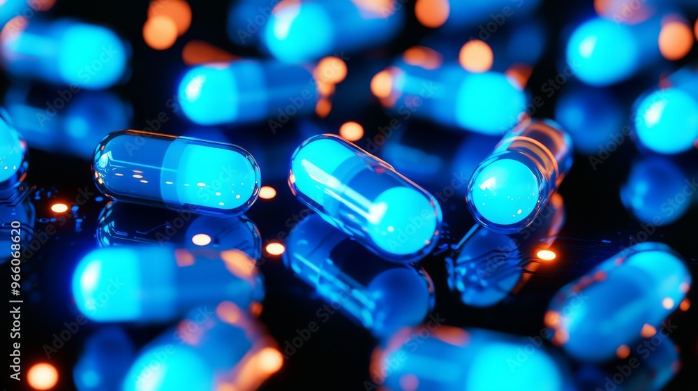 Poster computational drug discovery visualized using capsules on a circuit board.