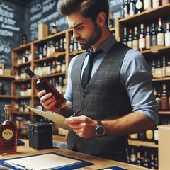  A man holding a bottle of liquor and looking at the proof at a