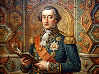 Obraz premium Elegant Drawing Of A Historical Figure Wearing A Military Uniform, Holding A Book And Quill, Surrounded By Intricate Geometric Patterns.