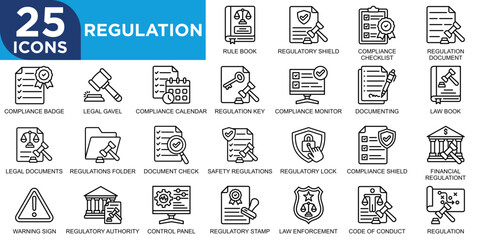 regulation, law, regulation, legal, business, compliance icon set. Outline icons collection. Simple vector illustration